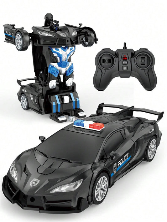 1pc Remote Control Car, One-Touch Transforming RC Car, Can Transform Into Robot, 2.4GHz 360° Rotating Police Car With Lights, Auto Demo, Fast 360° Rotation, One-Touch Transformation, 1:18 Scale Transf