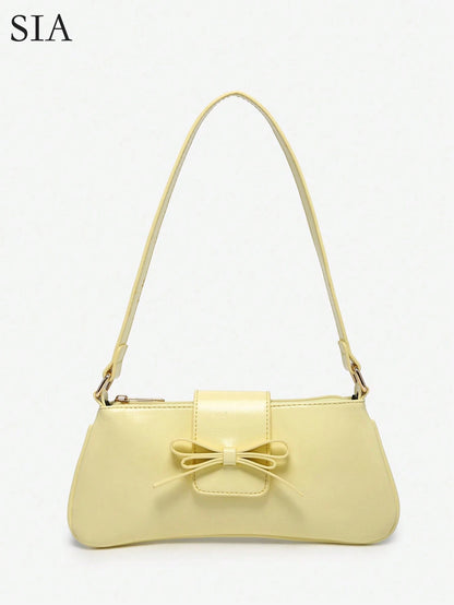 1pc Retro Bowknot Accent Decorative Cross-Body Underarm Baguette Bag, Suitable For Date, Outing, Party, Yellow