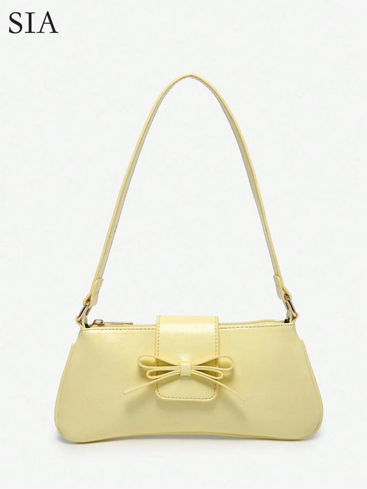 1pc Retro Bowknot Accent Decorative Cross-Body Underarm Baguette Bag, Suitable For Date, Outing, Party, Yellow