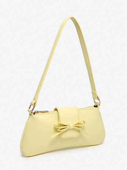 1pc Retro Bowknot Accent Decorative Cross-Body Underarm Baguette Bag, Suitable For Date, Outing, Party, Yellow