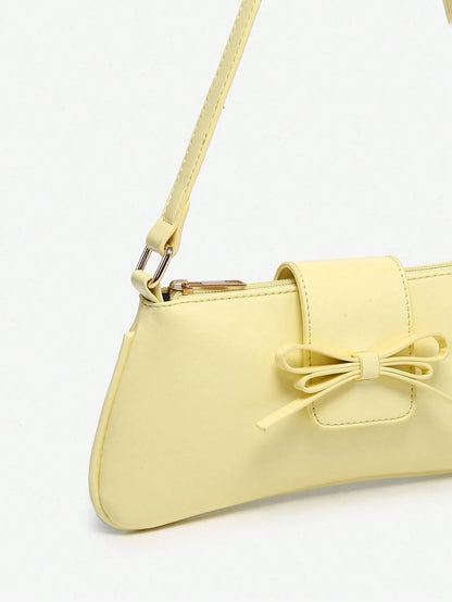 1pc Retro Bowknot Accent Decorative Cross-Body Underarm Baguette Bag, Suitable For Date, Outing, Party, Yellow