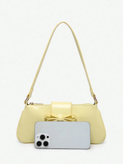 1pc Retro Bowknot Accent Decorative Cross-Body Underarm Baguette Bag, Suitable For Date, Outing, Party, Yellow