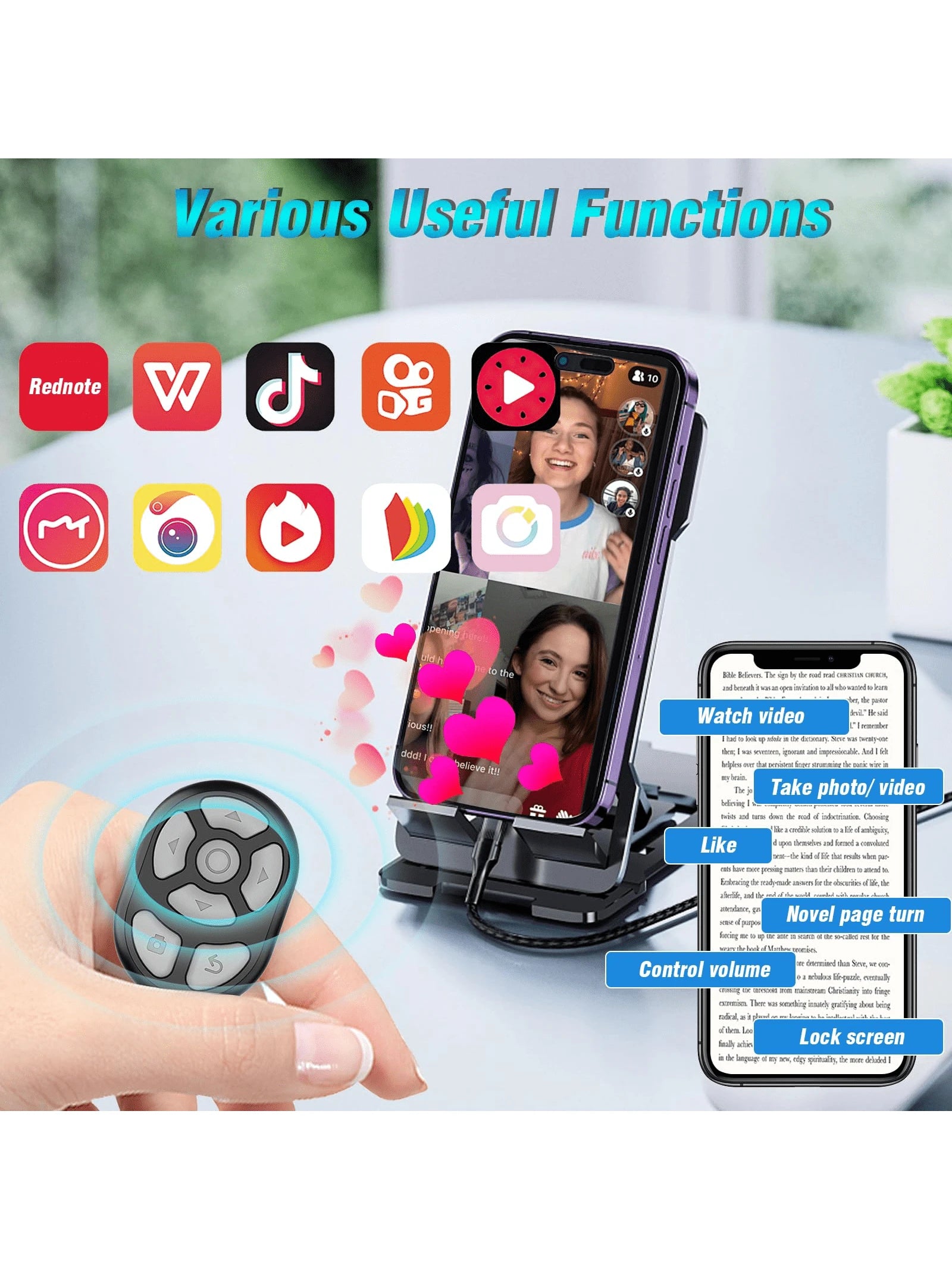 1pc Round Wireless Remote Control With Battery Display Rolling Ring, Suitable For E-Book Reading, Video Scrolling And Camera Shutter- USB Rechargeable, Long-Lasting Lithium Polymer Battery, Portable