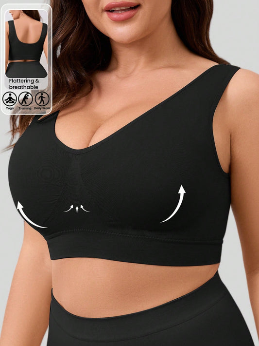 1pc Seamless Wireless Lift & Support Adjustable Yoga Sleep Bra, Comfortable Plus Size Sports Bra For Women Black Spring
