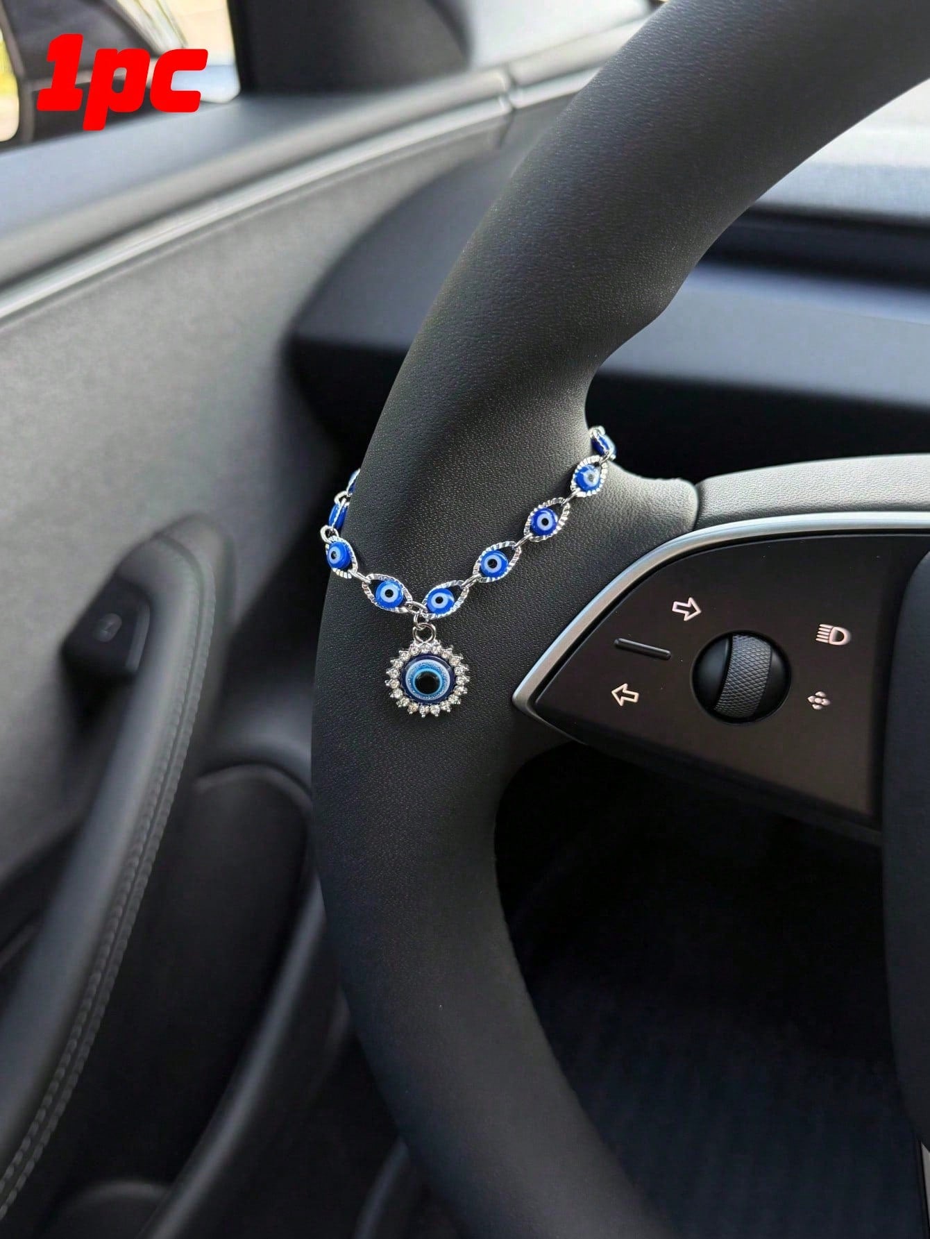 1pc Silver & Blue Evil Eye Car Steering Wheel Chain, Sparkling Rhinestone Turkish Evil Eye Pendant Ornament, Bohemian Style Car Interior Decoration For Good Luck And Protection, Fits Most Car Models