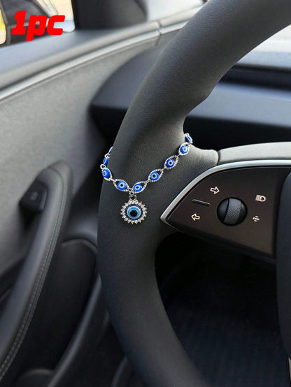 1pc Silver & Blue Evil Eye Car Steering Wheel Chain, Sparkling Rhinestone Turkish Evil Eye Pendant Ornament, Bohemian Style Car Interior Decoration For Good Luck And Protection, Fits Most Car Models