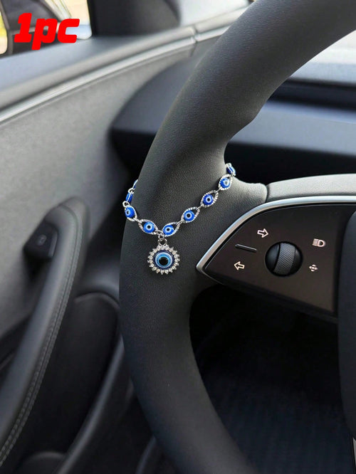 1pc Silver & Blue Evil Eye Car Steering Wheel Chain, Sparkling Rhinestone Turkish Evil Eye Pendant Ornament, Bohemian Style Car Interior Decoration For Good Luck And Protection, Fits Most Car Models