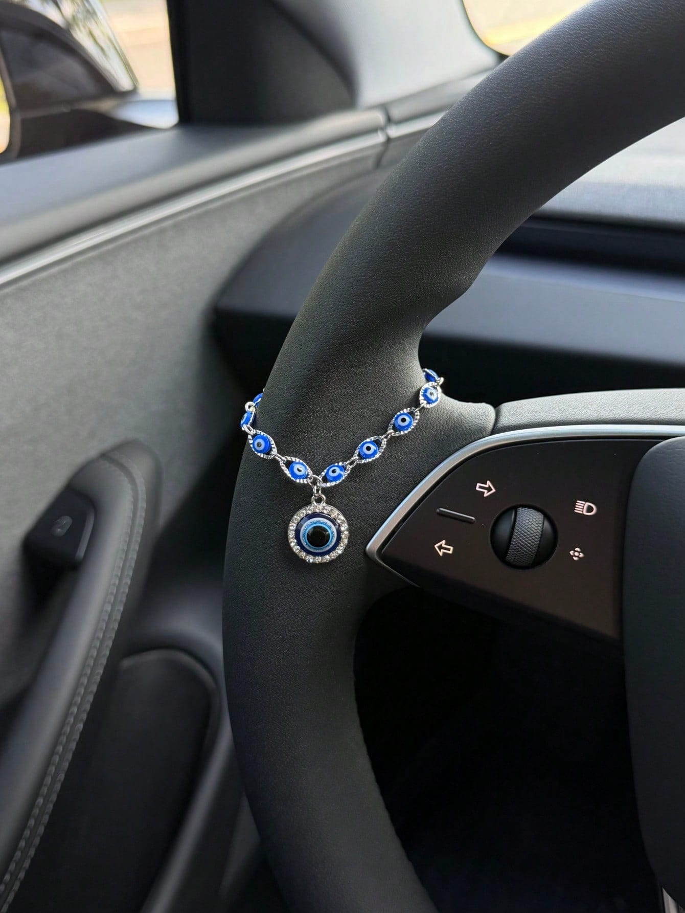 1pc Silver & Blue Evil Eye Car Steering Wheel Chain, Sparkling Rhinestone Turkish Evil Eye Pendant Ornament, Bohemian Style Car Interior Decoration For Good Luck And Protection, Fits Most Car Models