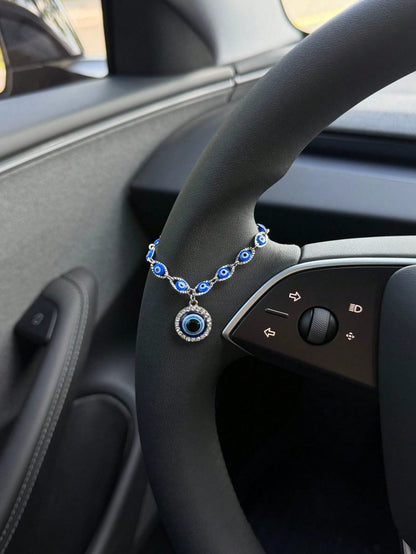 1pc Silver & Blue Evil Eye Car Steering Wheel Chain, Sparkling Rhinestone Turkish Evil Eye Pendant Ornament, Bohemian Style Car Interior Decoration For Good Luck And Protection, Fits Most Car Models