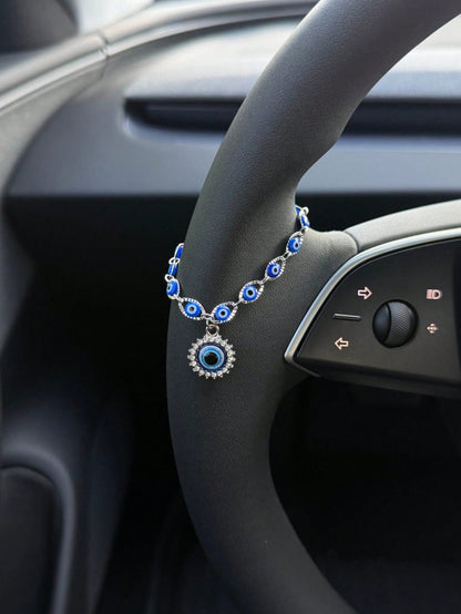 1pc Silver & Blue Evil Eye Car Steering Wheel Chain, Sparkling Rhinestone Turkish Evil Eye Pendant Ornament, Bohemian Style Car Interior Decoration For Good Luck And Protection, Fits Most Car Models