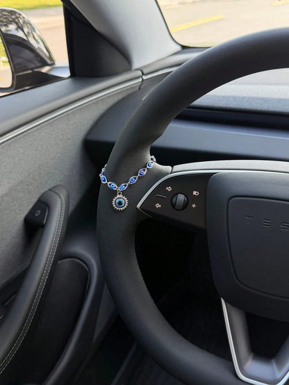 1pc Silver & Blue Evil Eye Car Steering Wheel Chain, Sparkling Rhinestone Turkish Evil Eye Pendant Ornament, Bohemian Style Car Interior Decoration For Good Luck And Protection, Fits Most Car Models