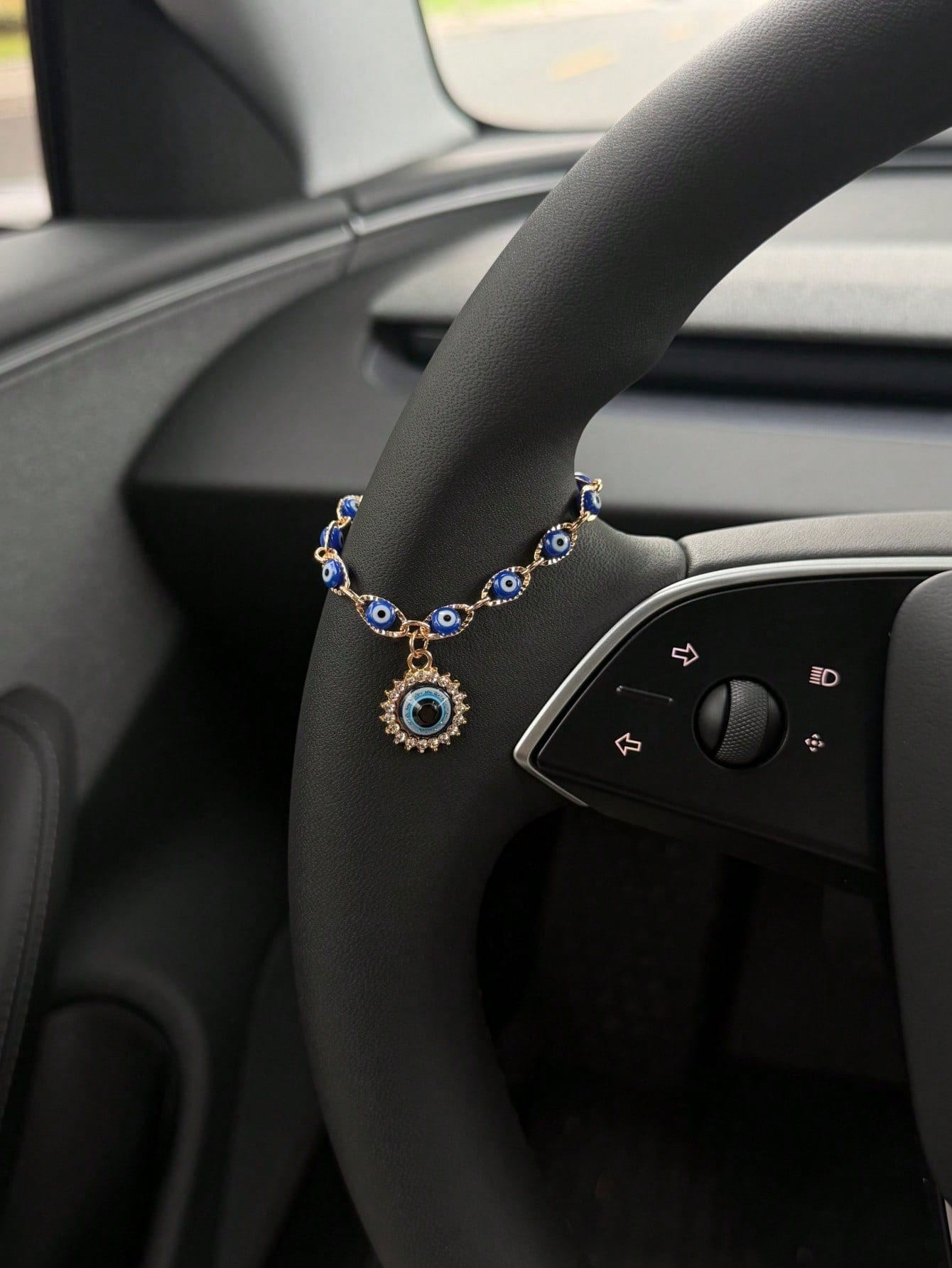 1pc Silver & Blue Evil Eye Car Steering Wheel Chain, Sparkling Rhinestone Turkish Evil Eye Pendant Ornament, Bohemian Style Car Interior Decoration For Good Luck And Protection, Fits Most Car Models