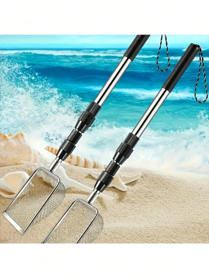 1pc Silver Large Beach Scoop, Shovel Sieve, Filter Debris, Telescopic Adjustable, Lightweight And Compact, Suitable For Adults And Children, Ergonomic Design, Garden Tool, Also For Pet Waste Cleanup