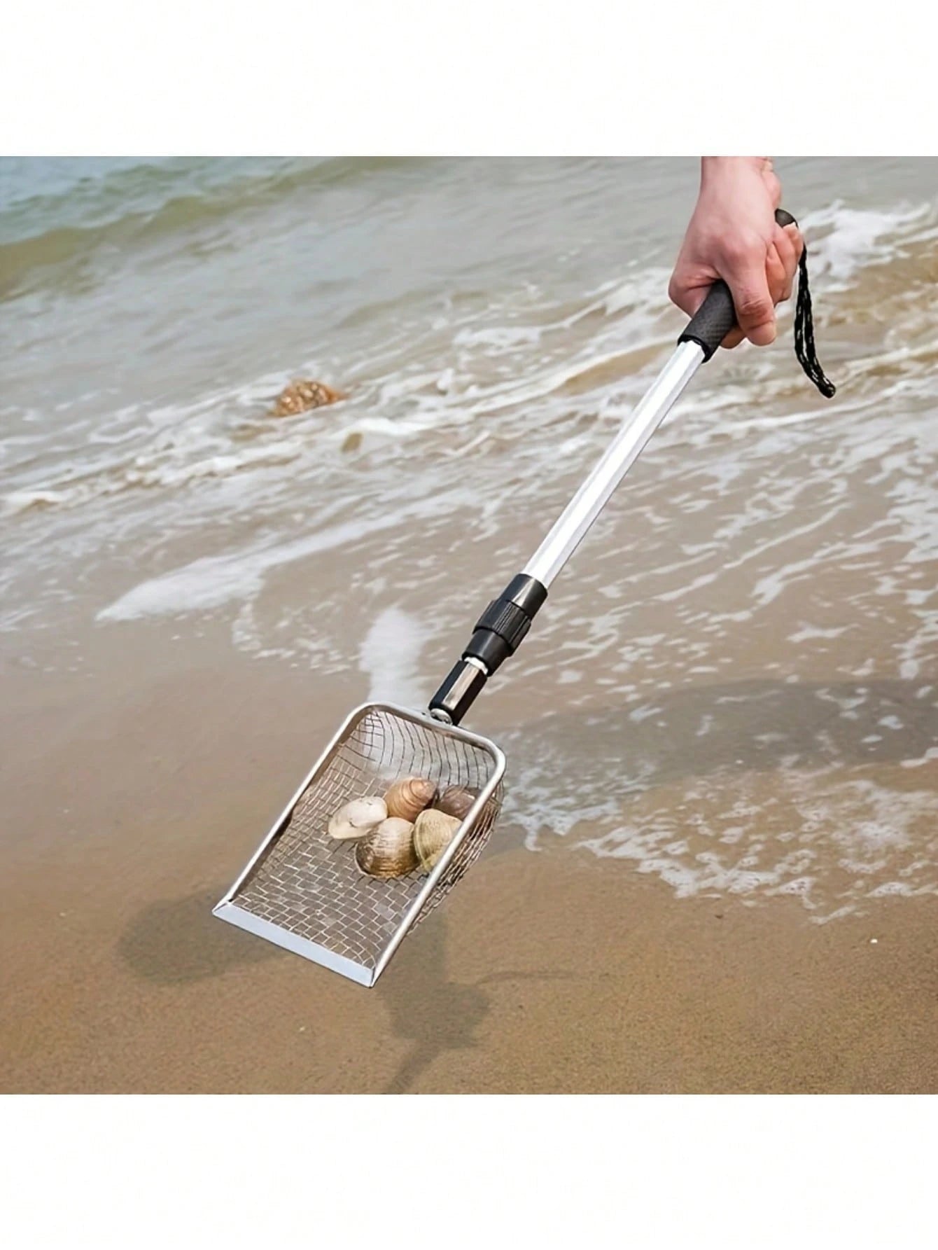 1pc Silver Large Beach Scoop, Shovel Sieve, Filter Debris, Telescopic Adjustable, Lightweight And Compact, Suitable For Adults And Children, Ergonomic Design, Garden Tool, Also For Pet Waste Cleanup