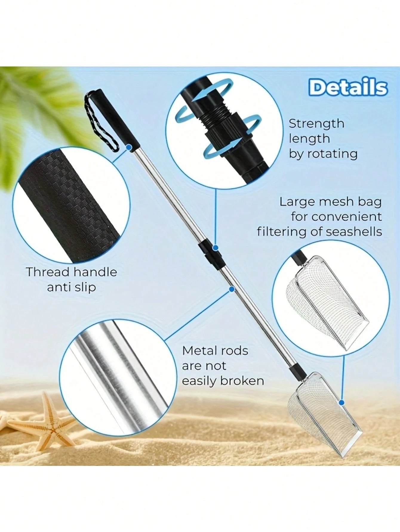 1pc Silver Large Beach Scoop, Shovel Sieve, Filter Debris, Telescopic Adjustable, Lightweight And Compact, Suitable For Adults And Children, Ergonomic Design, Garden Tool, Also For Pet Waste Cleanup