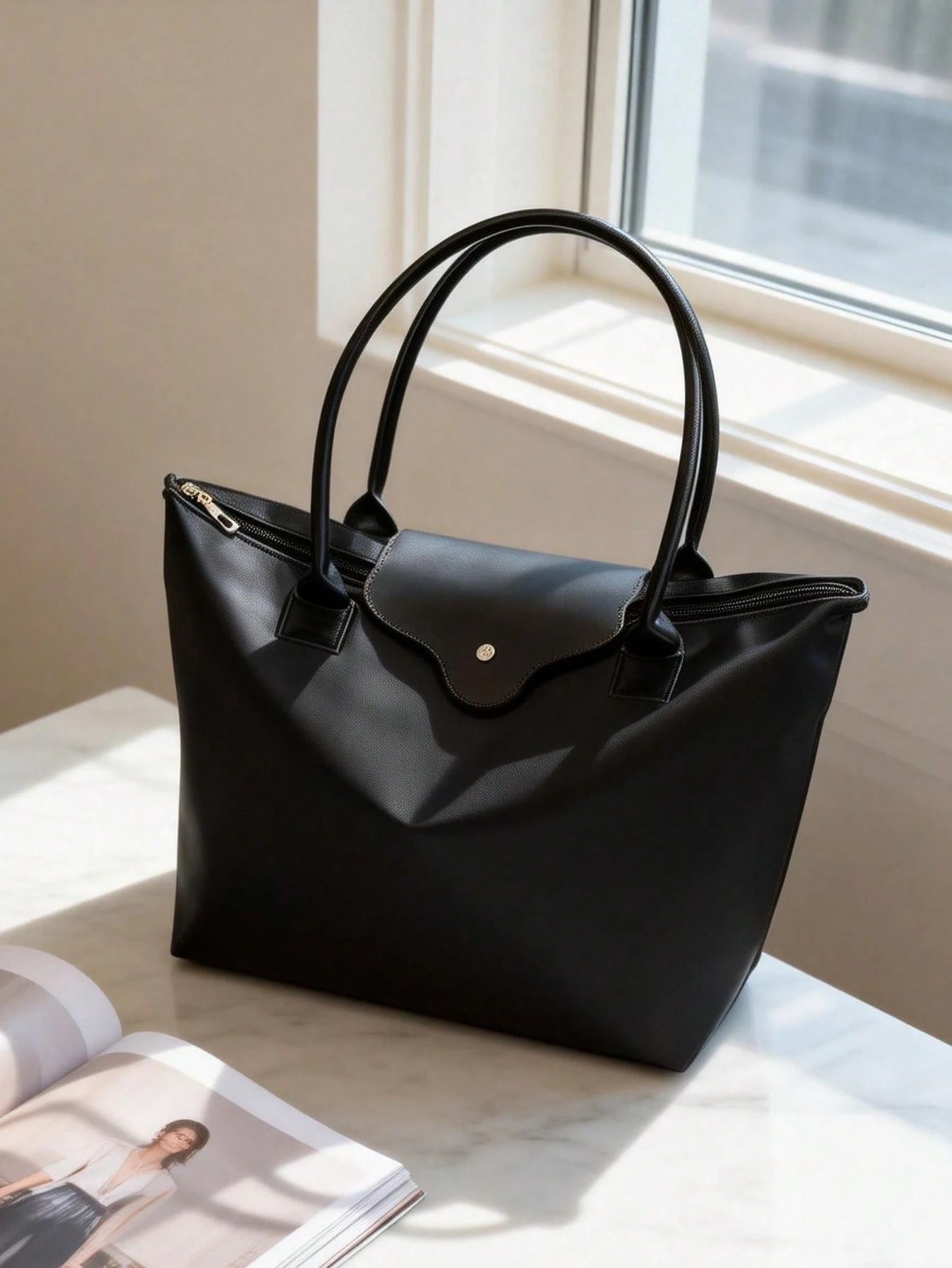 1pc Simple Versatile Casual Solid Color Large Zipper Big Capacity Shoulder Tote Bag For Women, Suitable For Shopping, Vacation, Work, Commuting.,Business Professional Women