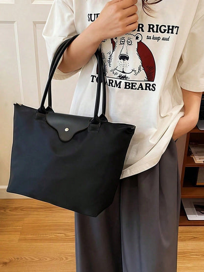1pc Simple Versatile Casual Solid Color Large Zipper Big Capacity Shoulder Tote Bag For Women, Suitable For Shopping, Vacation, Work, Commuting.,Business Professional Women