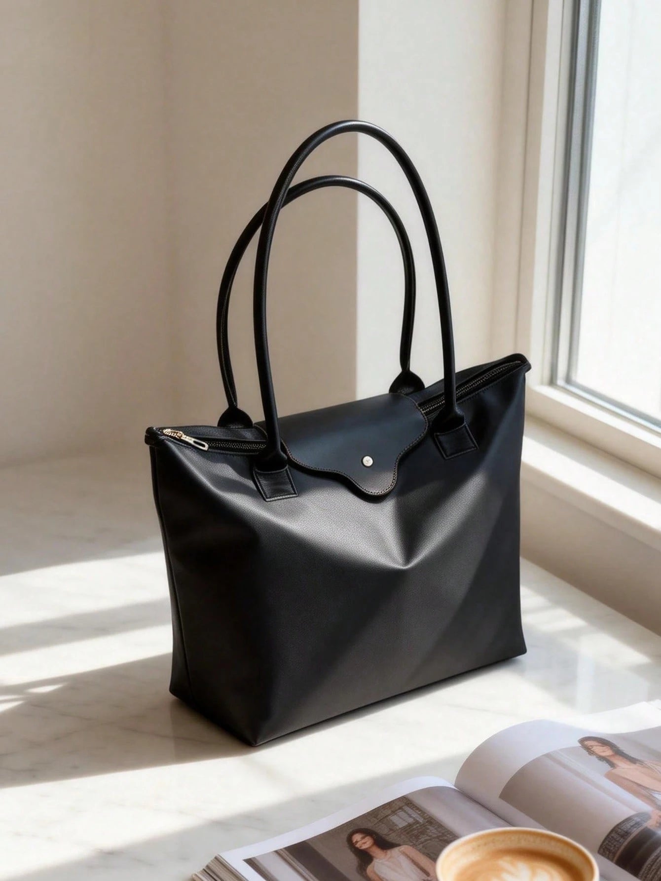 1pc Simple Versatile Casual Solid Color Large Zipper Big Capacity Shoulder Tote Bag For Women, Suitable For Shopping, Vacation, Work, Commuting.,Business Professional Women