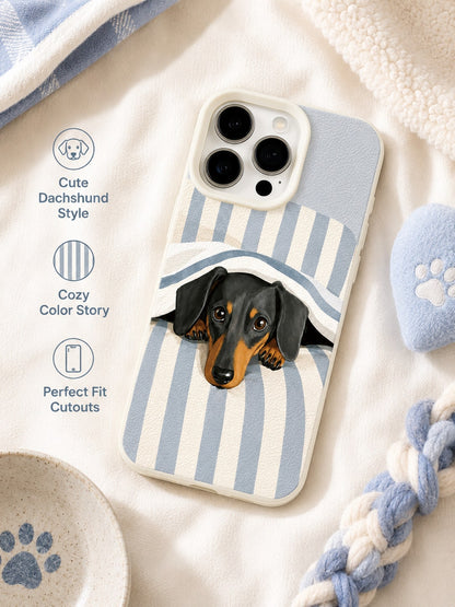 1PC Sleepy Dachshund Phone Case For IPhone 17 16 15 14 13 12 Pro Max, Blue White Stripe Bedding Puppy 3D Illustration Leather Texture Shockproof Case