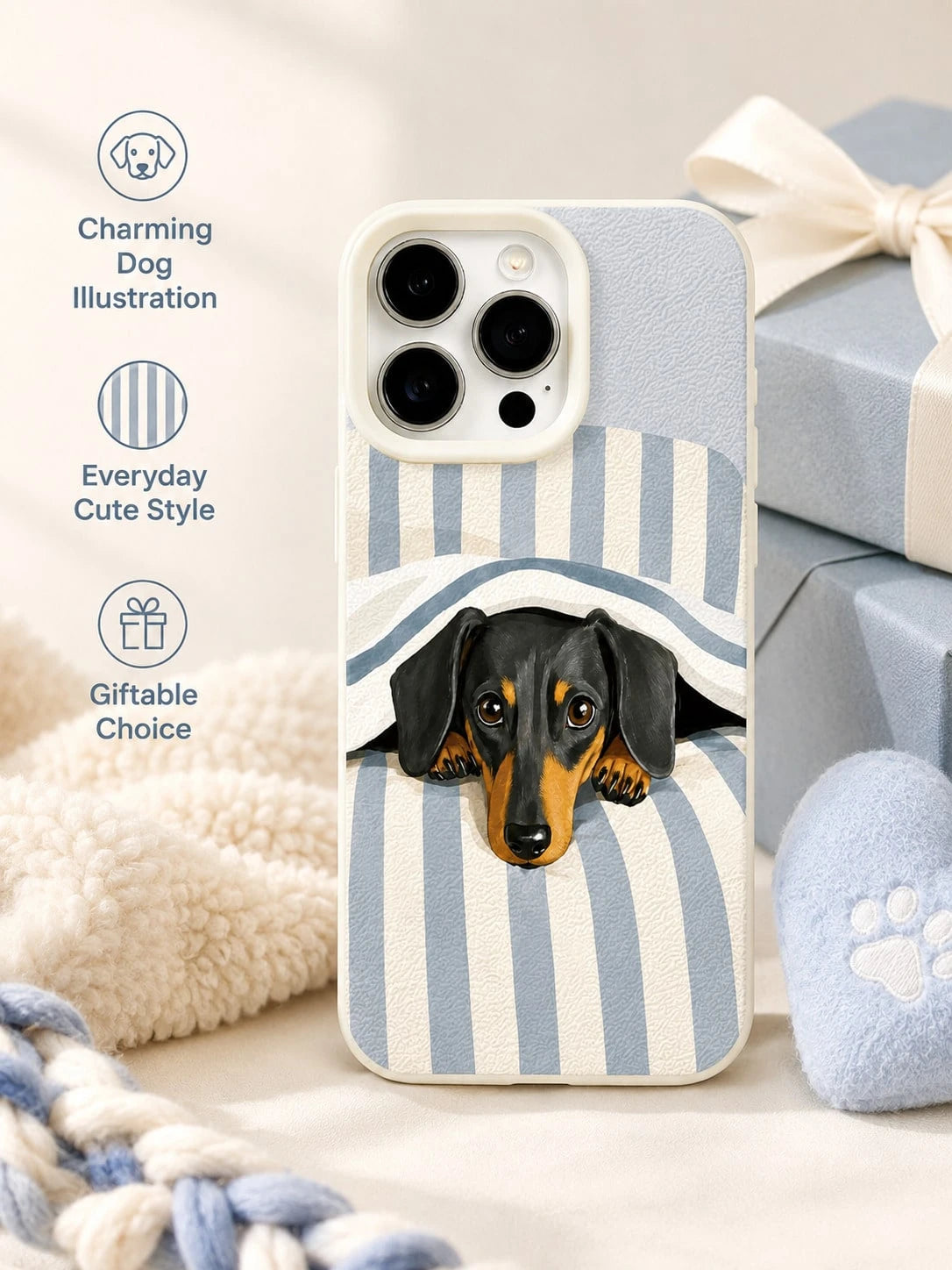 1PC Sleepy Dachshund Phone Case For IPhone 17 16 15 14 13 12 Pro Max, Blue White Stripe Bedding Puppy 3D Illustration Leather Texture Shockproof Case