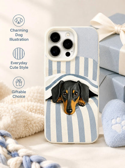 1PC Sleepy Dachshund Phone Case For IPhone 17 16 15 14 13 12 Pro Max, Blue White Stripe Bedding Puppy 3D Illustration Leather Texture Shockproof Case