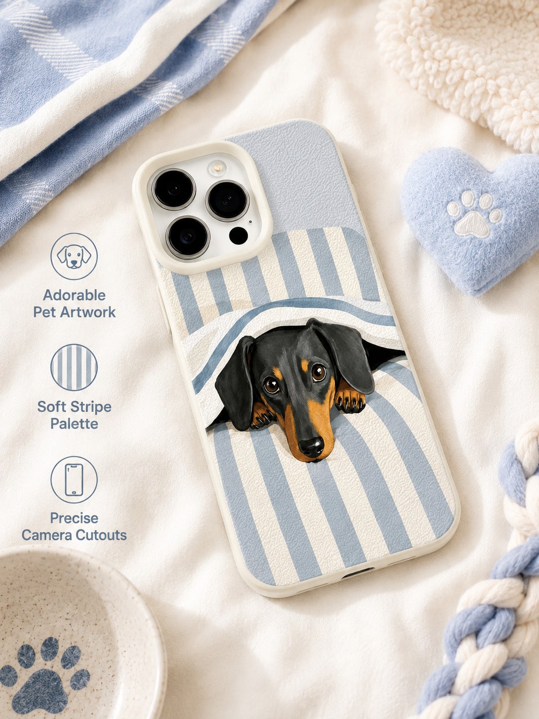 1PC Sleepy Dachshund Phone Case For IPhone 17 16 15 14 13 12 Pro Max, Blue White Stripe Bedding Puppy 3D Illustration Leather Texture Shockproof Case