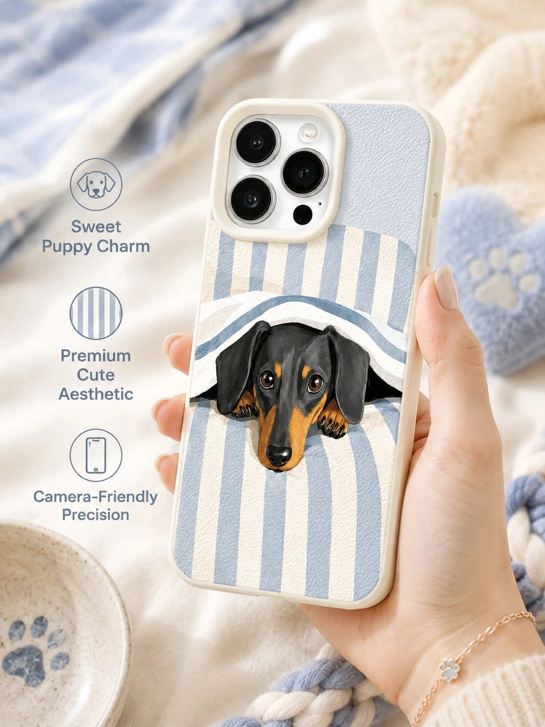 1PC Sleepy Dachshund Phone Case For IPhone 17 16 15 14 13 12 Pro Max, Blue White Stripe Bedding Puppy 3D Illustration Leather Texture Shockproof Case