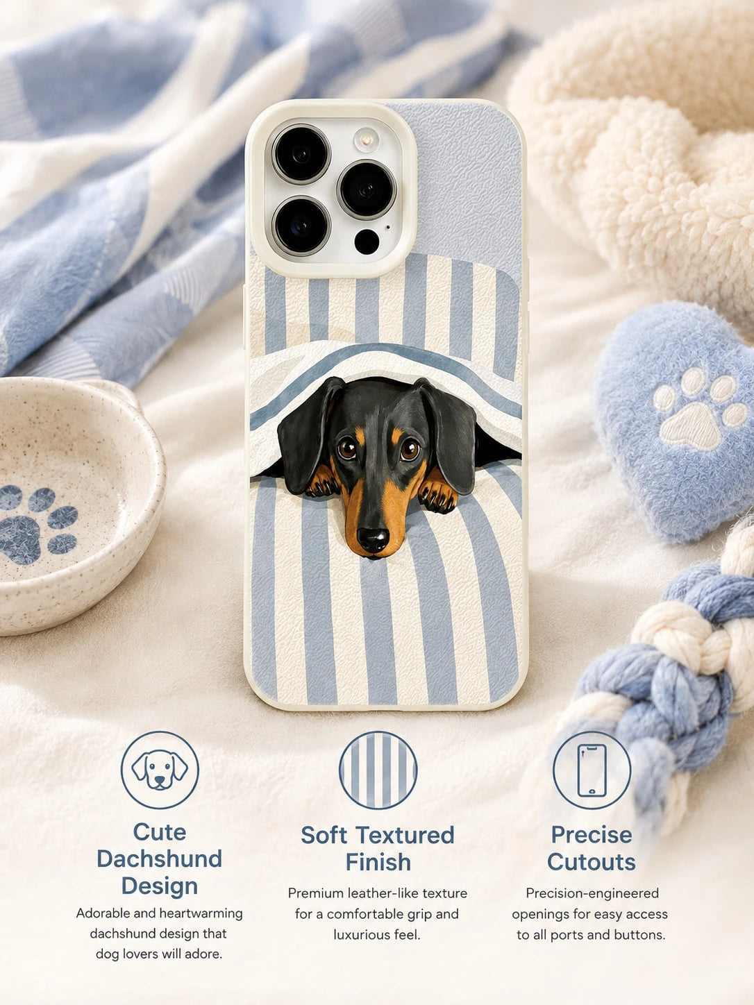 1PC Sleepy Dachshund Phone Case For IPhone 17 16 15 14 13 12 Pro Max, Blue White Stripe Bedding Puppy 3D Illustration Leather Texture Shockproof Case