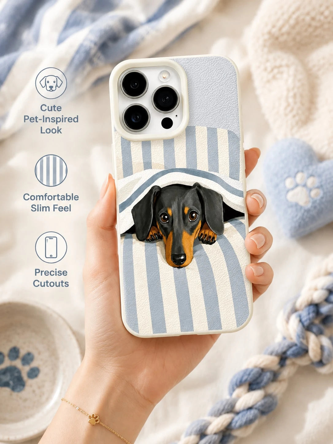 1PC Sleepy Dachshund Phone Case For IPhone 17 16 15 14 13 12 Pro Max, Blue White Stripe Bedding Puppy 3D Illustration Leather Texture Shockproof Case
