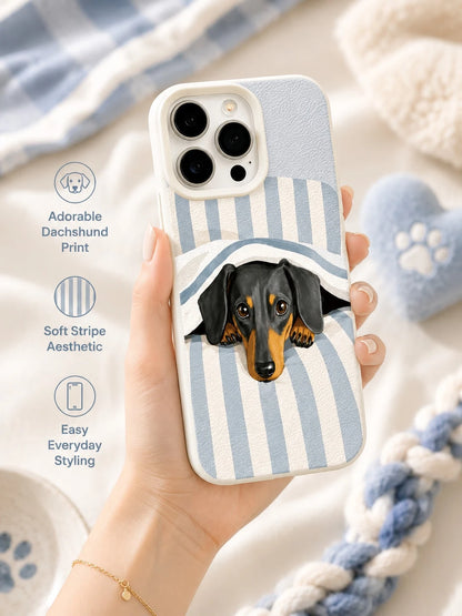 1PC Sleepy Dachshund Phone Case For IPhone 17 16 15 14 13 12 Pro Max, Blue White Stripe Bedding Puppy 3D Illustration Leather Texture Shockproof Case