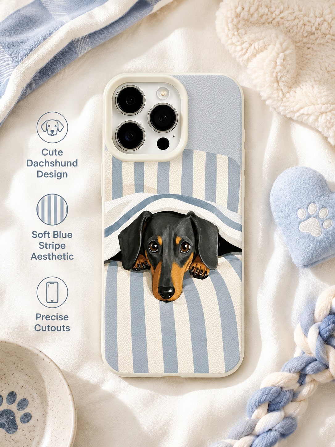 1PC Sleepy Dachshund Phone Case For IPhone 17 16 15 14 13 12 Pro Max, Blue White Stripe Bedding Puppy 3D Illustration Leather Texture Shockproof Case