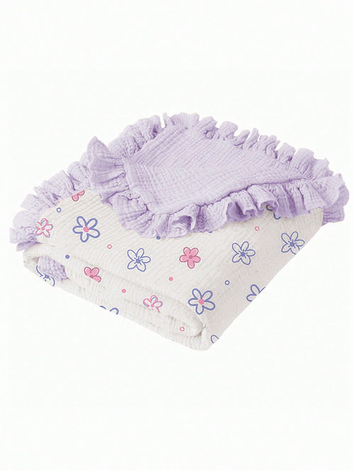 1pc Soft Cotton Floral Baby Blanket, Sweet Ruffle Edge Infant Cotton Blanket