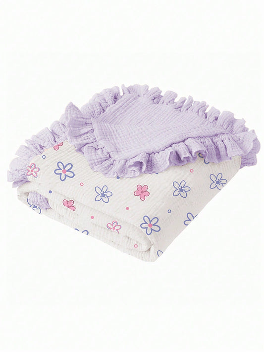 1pc Soft Cotton Floral Baby Blanket, Sweet Ruffle Edge Infant Cotton Blanket