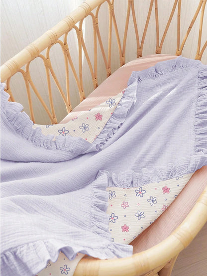 1pc Soft Cotton Floral Baby Blanket, Sweet Ruffle Edge Infant Cotton Blanket