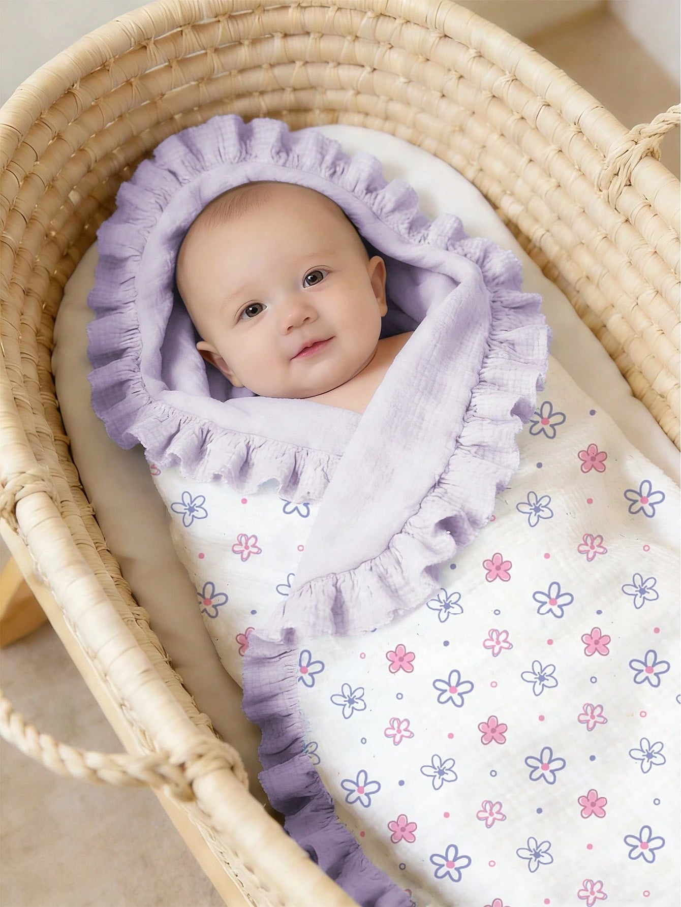 1pc Soft Cotton Floral Baby Blanket, Sweet Ruffle Edge Infant Cotton Blanket