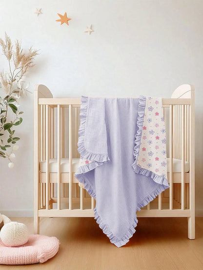 1pc Soft Cotton Floral Baby Blanket, Sweet Ruffle Edge Infant Cotton Blanket