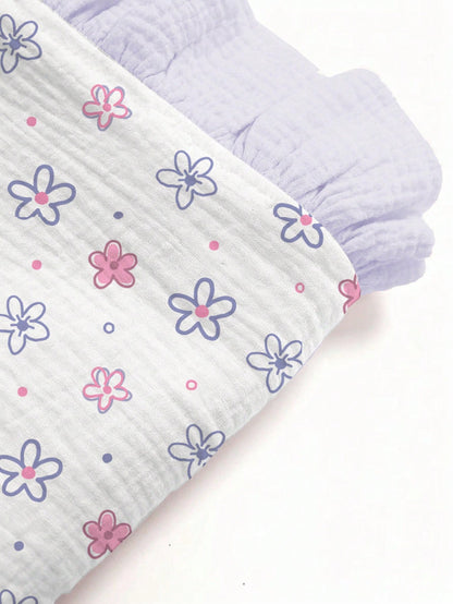 1pc Soft Cotton Floral Baby Blanket, Sweet Ruffle Edge Infant Cotton Blanket