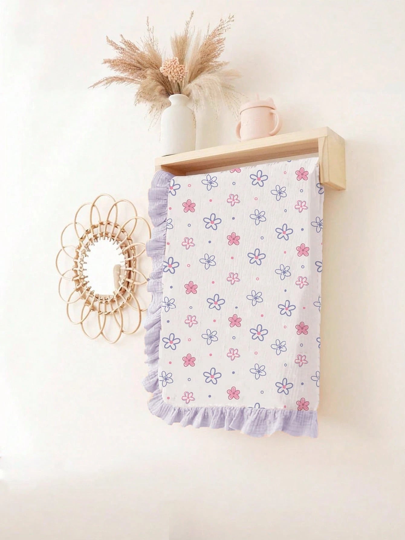 1pc Soft Cotton Floral Baby Blanket, Sweet Ruffle Edge Infant Cotton Blanket