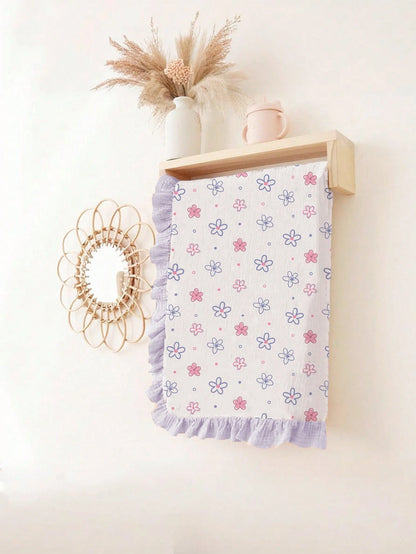 1pc Soft Cotton Floral Baby Blanket, Sweet Ruffle Edge Infant Cotton Blanket