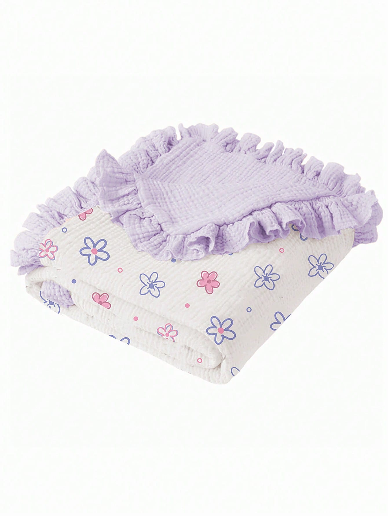1pc Soft Cotton Floral Baby Blanket, Sweet Ruffle Edge Infant Cotton Blanket