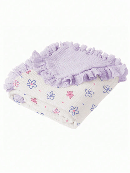 1pc Soft Cotton Floral Baby Blanket, Sweet Ruffle Edge Infant Cotton Blanket