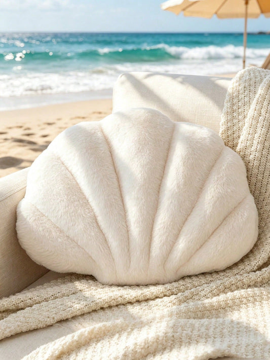 1pc Soft Faux Fur Shell Decorative Pillow, Suitable For Sofa/Bed, Shell Shaped Decor Pillow For Ocean Style, Fashion Beach Cushion, Bedroom/Outdoor Garden Decor, Summer Gift
