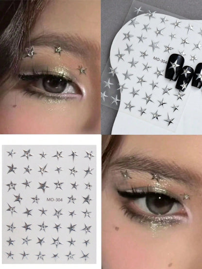 1pc Star Sticker Face Jewelry, Metallic Silver Color With Rhinestone Five-Pointed Star Face Sticker, Suitable For Music Festival Makeup, Sparkling And Versatile For Y2K, Kpop, Carnival, Face Decoratio