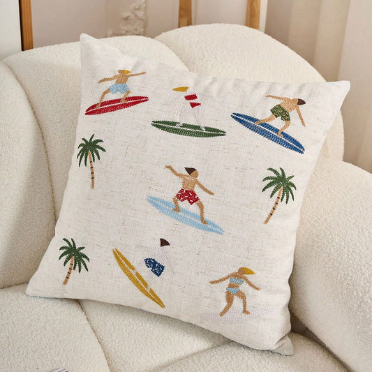 1pc Summer Surfing Pattern Embroidered Decorative Pillow Case, Beach Theme Home Decor For Surfing Camp, Living Room, Bedroom, Porch, Coastal Scenes, Modern Style (Insert Not Included)