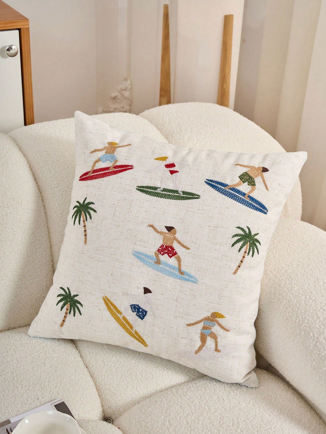 1pc Summer Surfing Pattern Embroidered Decorative Pillow Case, Beach Theme Home Decor For Surfing Camp, Living Room, Bedroom, Porch, Coastal Scenes, Modern Style (Insert Not Included)