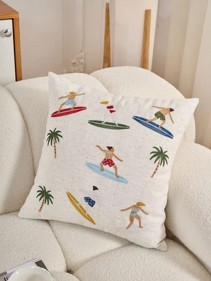 1pc Summer Surfing Pattern Embroidered Decorative Pillow Case, Beach Theme Home Decor For Surfing Camp, Living Room, Bedroom, Porch, Coastal Scenes, Modern Style (Insert Not Included)