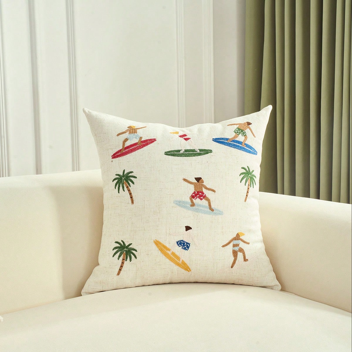 1pc Summer Surfing Pattern Embroidered Decorative Pillow Case, Beach Theme Home Decor For Surfing Camp, Living Room, Bedroom, Porch, Coastal Scenes, Modern Style (Insert Not Included)