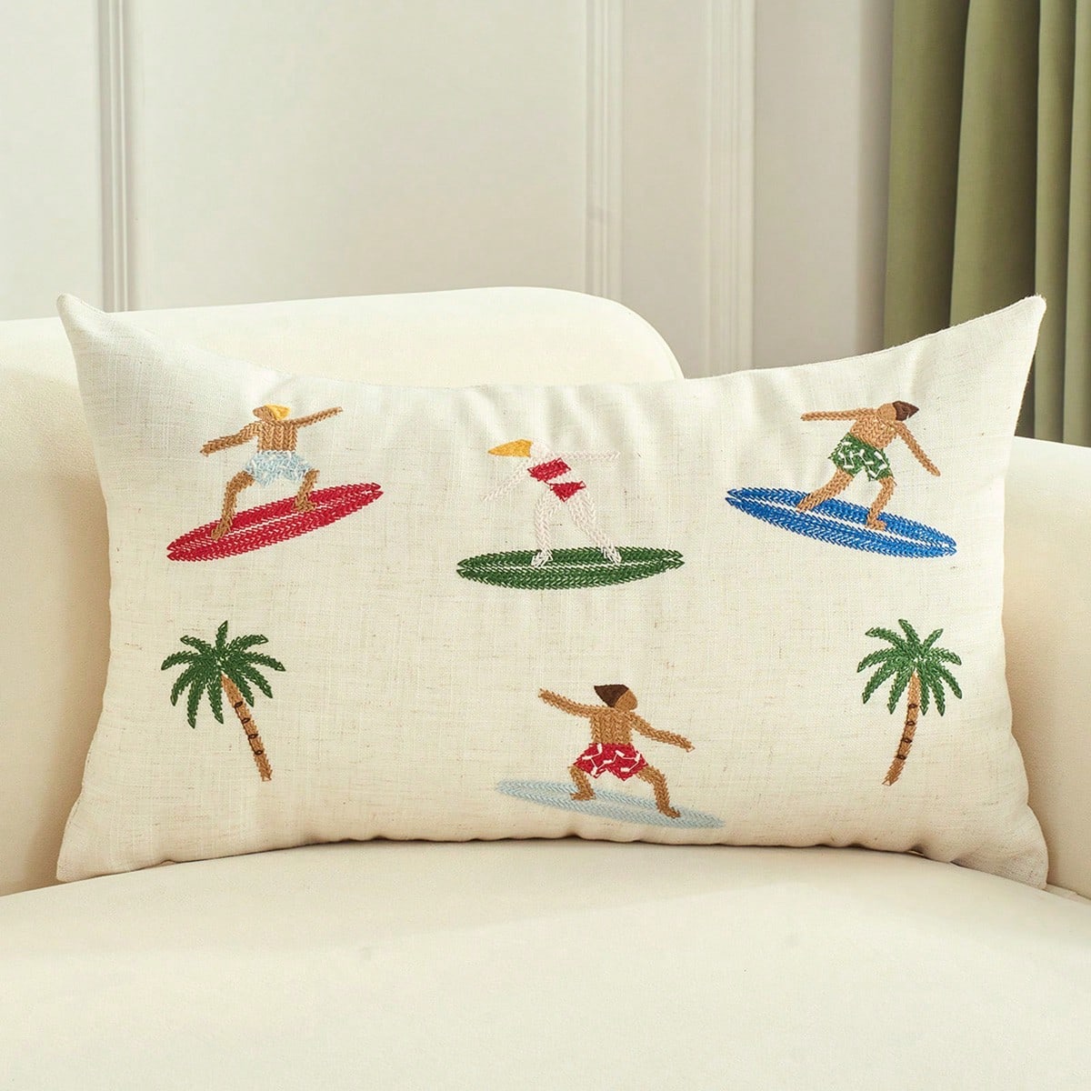 1pc Summer Surfing Pattern Embroidered Decorative Pillow Case, Beach Theme Home Decor For Surfing Camp, Living Room, Bedroom, Porch, Coastal Scenes, Modern Style (Insert Not Included)
