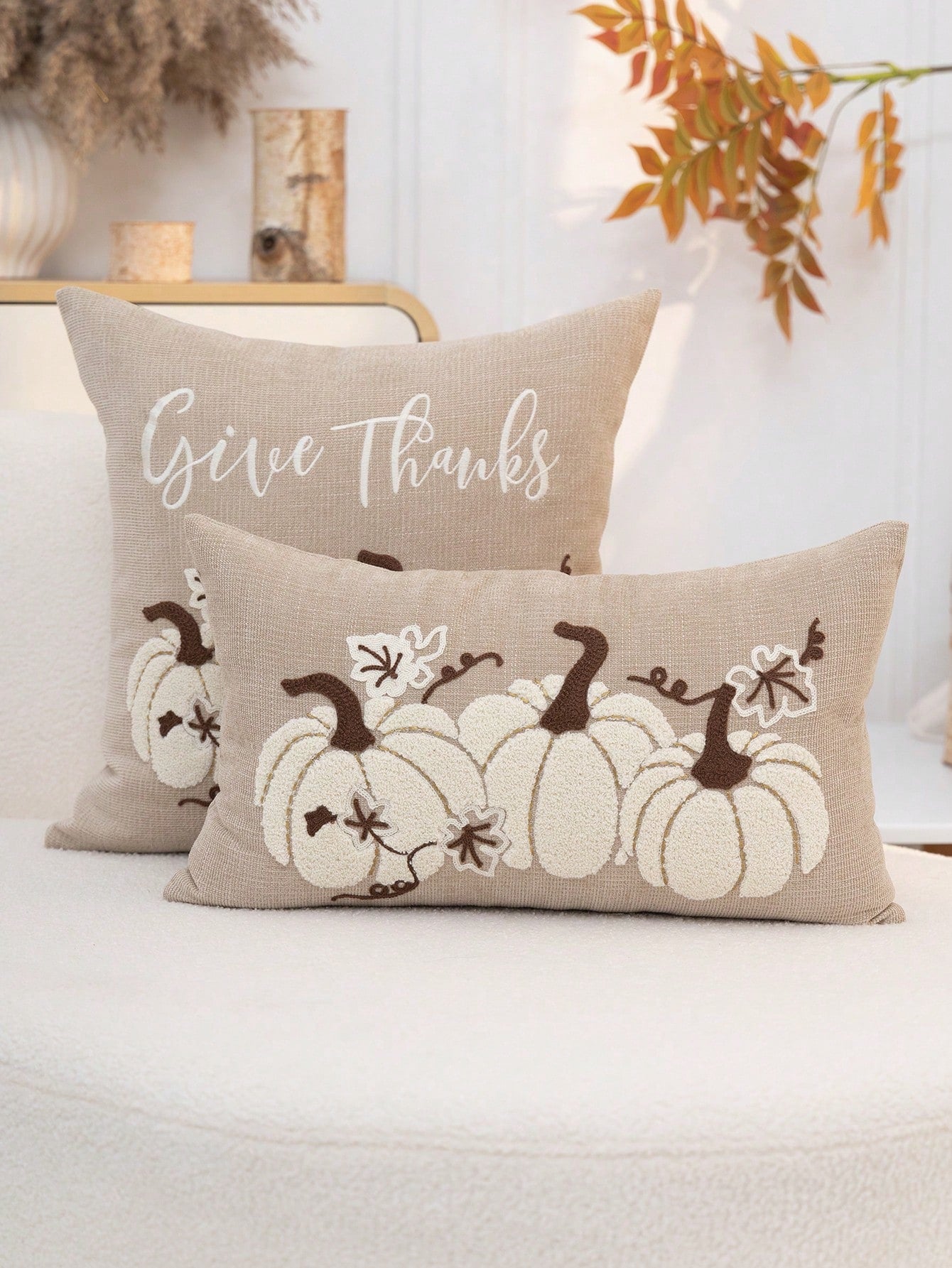 1pc Thanksgiving Khaki Pumpkin Embroidered Pillow Case, Thanksgiving Give Thanks Pillow Cover, Suitable For Indoor Decoration, Thanksgiving Decor, All Season Pillow Case, Without Insert