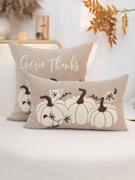 1pc Thanksgiving Khaki Pumpkin Embroidered Pillow Case, Thanksgiving Give Thanks Pillow Cover, Suitable For Indoor Decoration, Thanksgiving Decor, All Season Pillow Case, Without Insert